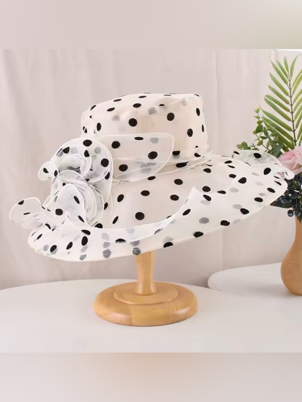 Polka Dot White Wide-Brim Church Hat with Decorative Bow